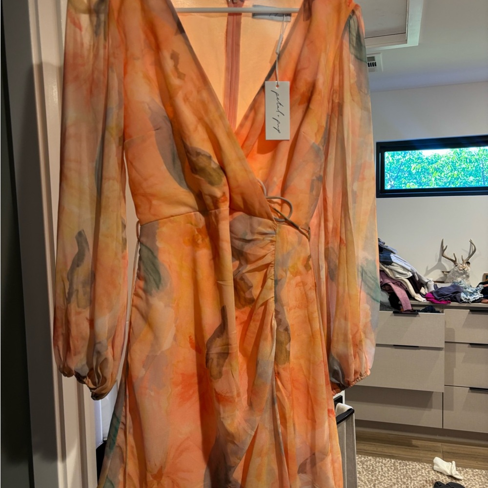 Petal & Pup Orange Watercolor Wrap Dress with Sheer Long Sleeves